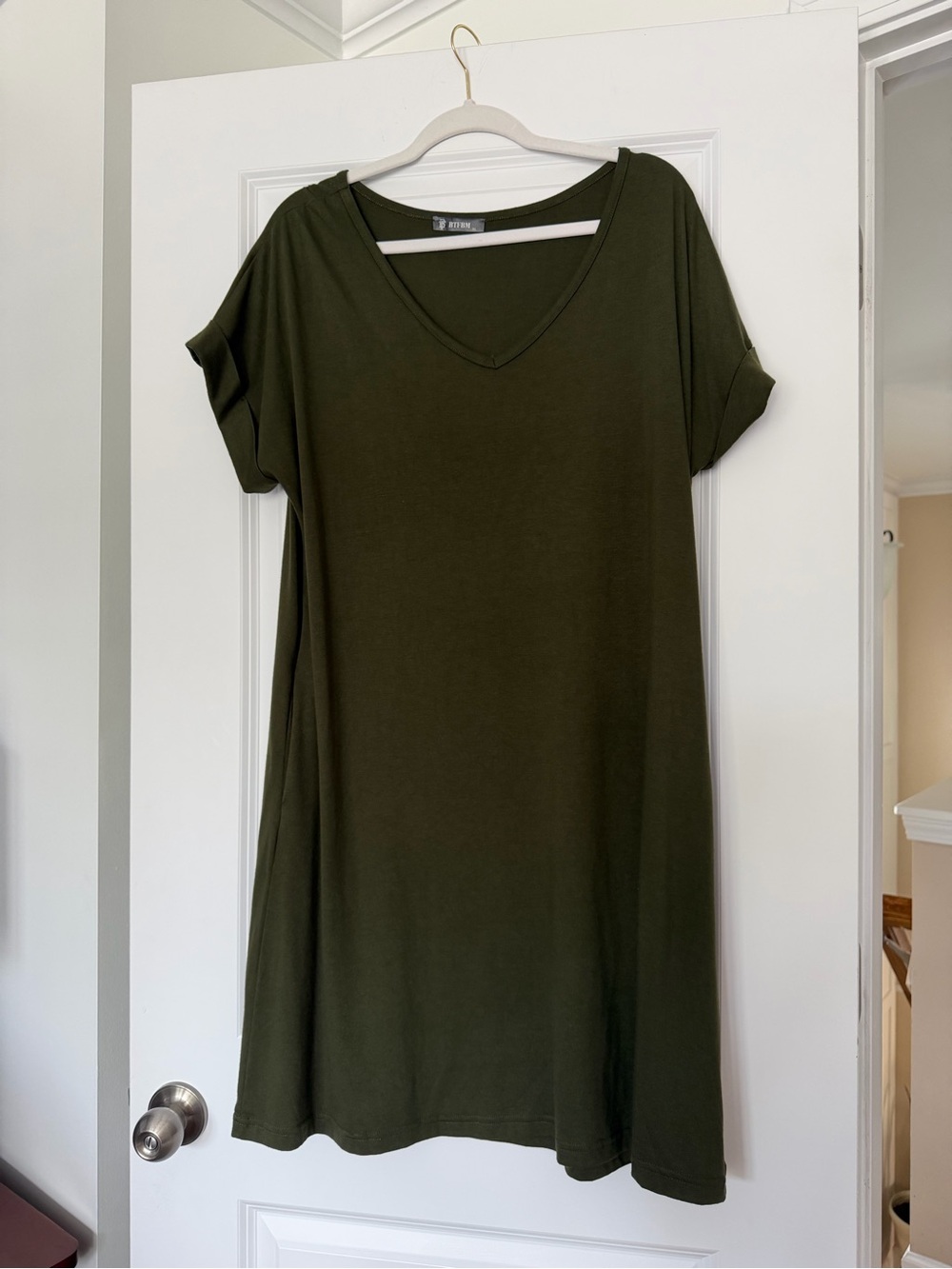 V-Neck Olive Green T-Shirt Dress - Relaxed Fit